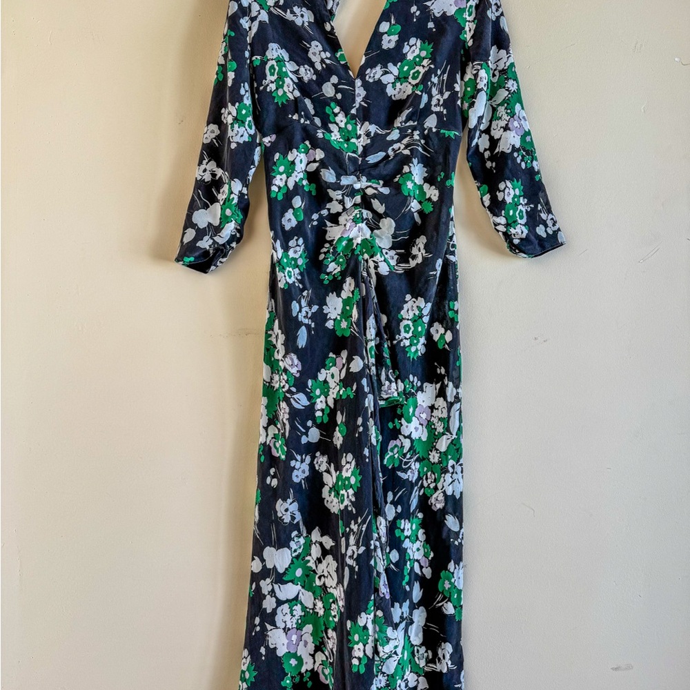 RIXO Silk Floral Print Open Back Dress with Ruffled Front Slit
